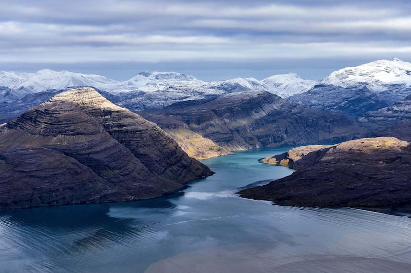 R8R3B1 France, French Southern and Antarctic Lands, Kerguelen Islands, Rallier du Baty Peninsula, Baie de la Table, the fjord Les Portes Noires (vue aerienne). Alamy