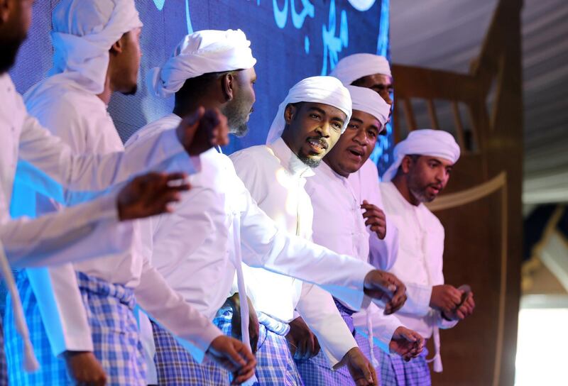 Dibba, United Arab Emirates - June 26, 2019: Traditional costal dance. Al Hosn fish salting festival. Wednesday the 26th of June 2019. Dibba. Chris Whiteoak / The National