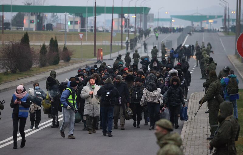 Migrants in the Grodno region of Belarus heading to camps at the Polish border. EPA