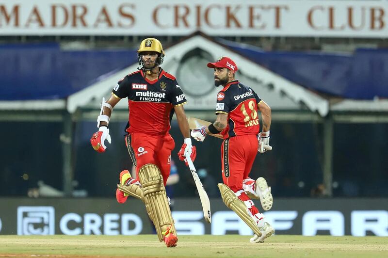 Washington Sundar of Royal Challengers Bangalore and Virat Kohli Captain of Royal Challengers Bangalore running between the wickets during match 1 of the Vivo Indian Premier League 2021 between Mumbai Indians and the Royal Challengers Bangalore held at the M. A. Chidambaram Stadium, Chennai on the 9th April 2021. Photo by Faheem Hussain / Sportzpics for IPL