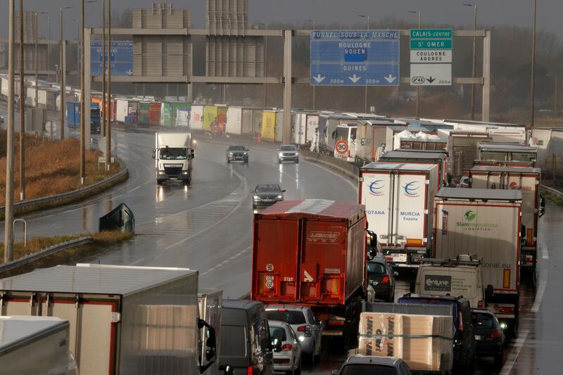 Trucks queue on the A16 highway to enter the Channel tunnel in Calais. Reuters