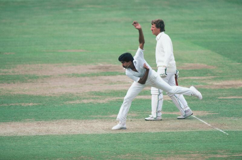 Kapil Dev bowls for India during the First Test Match against England at Lords, June 1982. (Photo by Adrian Murrell/Getty Images)