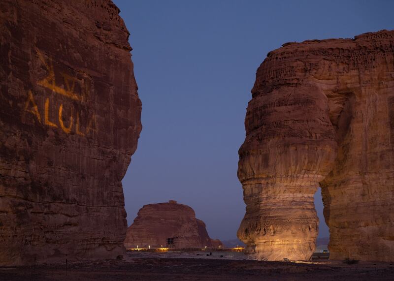Evening illuminations at the Elephant Rock site, also known as Jabal Alfil. Bloomberg 
