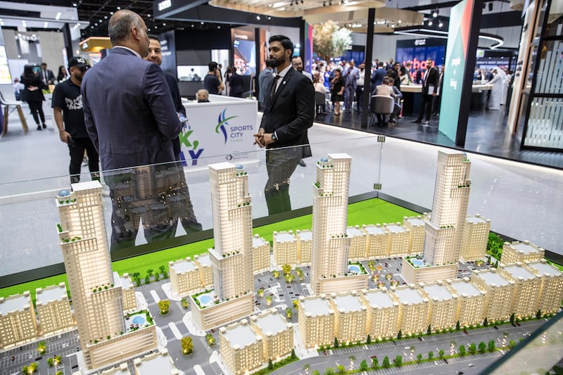 A model of the Tunis development, in Dubai's Sports City, on display at Cityscape 2022. Antonie Robertson / The National
