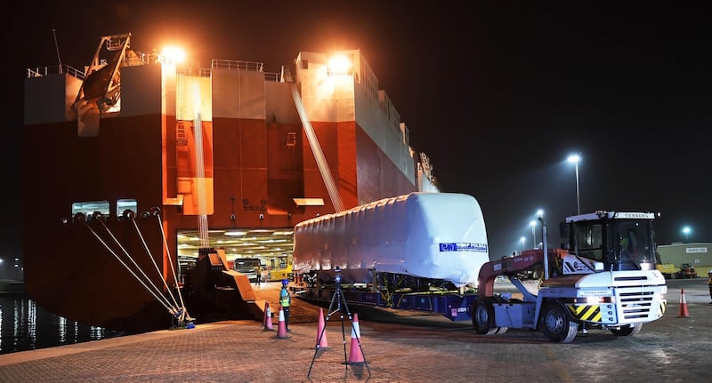 The first new metro train is offloaded from a cargo ship in Jebel Ali Port. Courtesy RTA