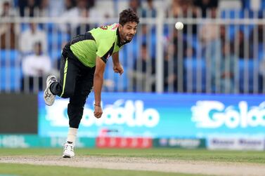 Sharjah, United Arab Emirates - February 23, 2019: Lahore's Haris Rauf bowls during the game between Lahore Qalandars and Quetta Gladiators in the Pakistan Super League. Saturday the 23rd of February 2019 at Sharjah Cricket Stadium, Sharjah. Chris Whiteoak / The National