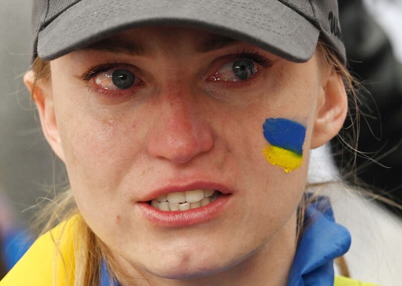 A woman during the rally in front of Ukraine President Volodymyr Zelenskyy's office in Kyiv. AFP