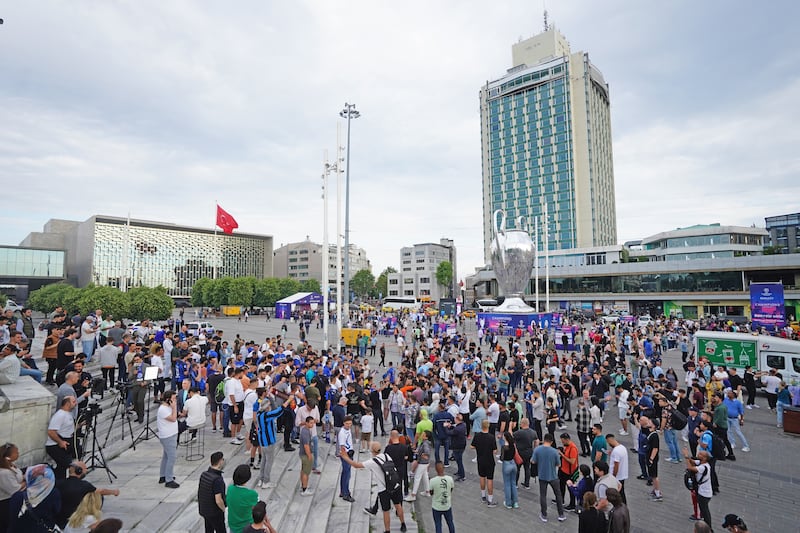 Inter Milan fans gather at Taksim Square in Istanbul ahead of Saturday's Uefa Champions League Final between Manchester City and Inter Milan at Ataturk Olympic Stadium. PA 
