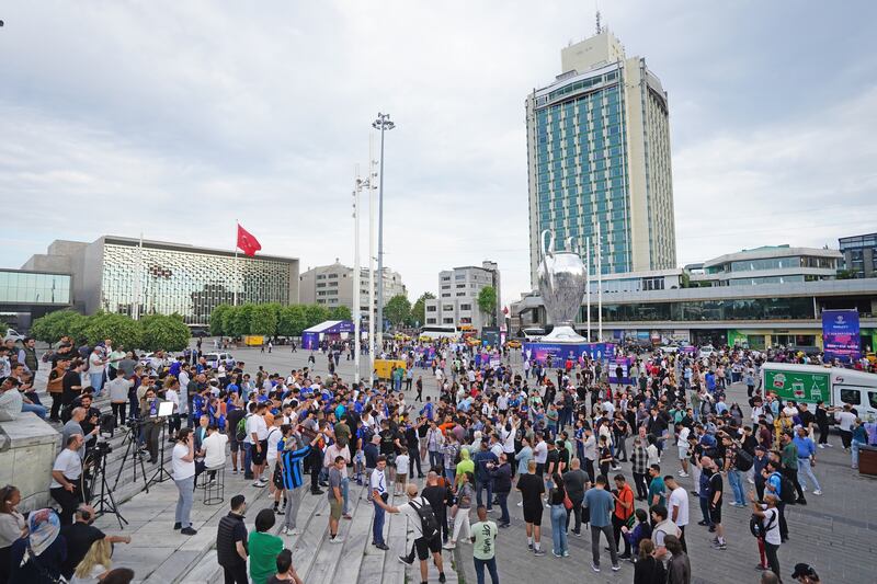 Inter Milan fans gather at Taksim Square in Istanbul ahead of Saturday's Uefa Champions League Final between Manchester City and Inter Milan at Ataturk Olympic Stadium. PA 