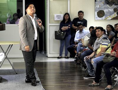 Dubai, August, 05, 2018: Phillipines Consul General of Dubai  Paul Raymund Cortes briefs the Amnesty seekers at the  consulate in Dubai. Satish Kumar for the National/ Story by Nick Webster