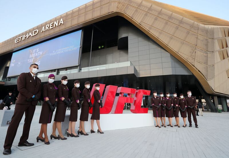 Etihad crew members outside the Etihad Arena.