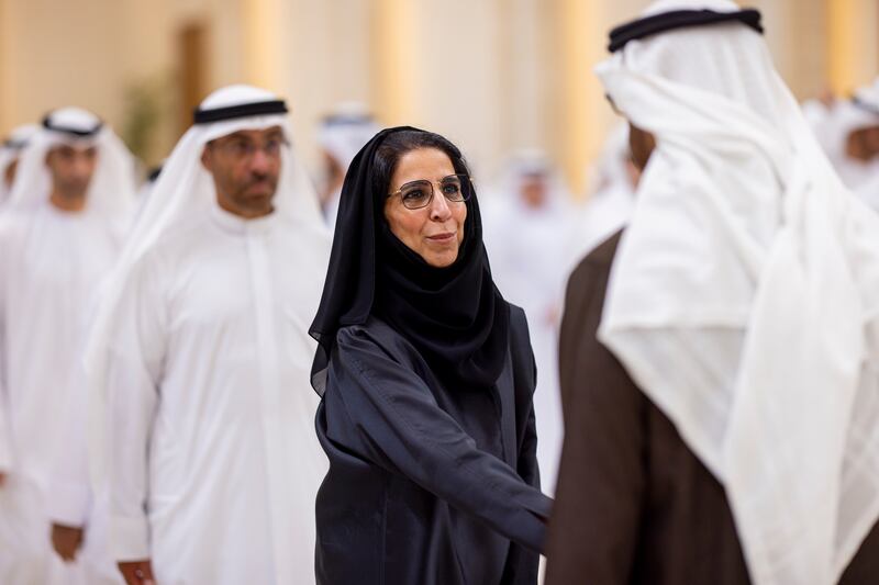 President Sheikh Mohamed receives condolences from Maryam Al Hammadi, Minister of State and Secretary General of the UAE Cabinet, on the passing of Sheikh Tahnoon bin Mohammed, Ruler's Representative in Al Ain Region, at Al Mushrif Palace. Ryan Carter / UAE Presidential Court