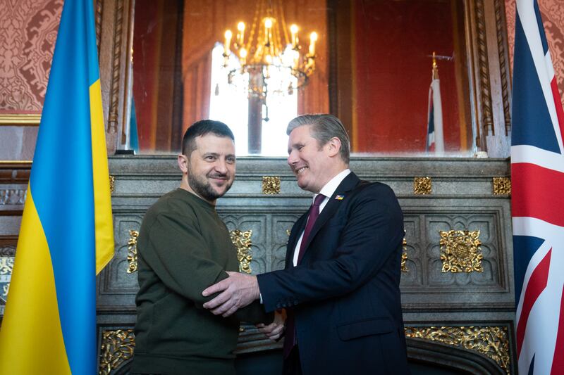 Mr Starmer meets Ukrainian President Volodymyr Zelenskyy at Speaker's House in the Palace of Westminster, London, in February 2023
