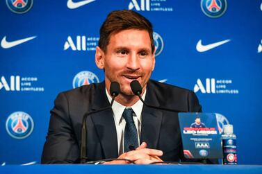 Lionel MESSI during the press conference of Paris Saint-Germain at Parc des Princes on August 11, 2021 in Paris, France. (Photo by Matthieu Mirville / Icon Sport via Getty Images)