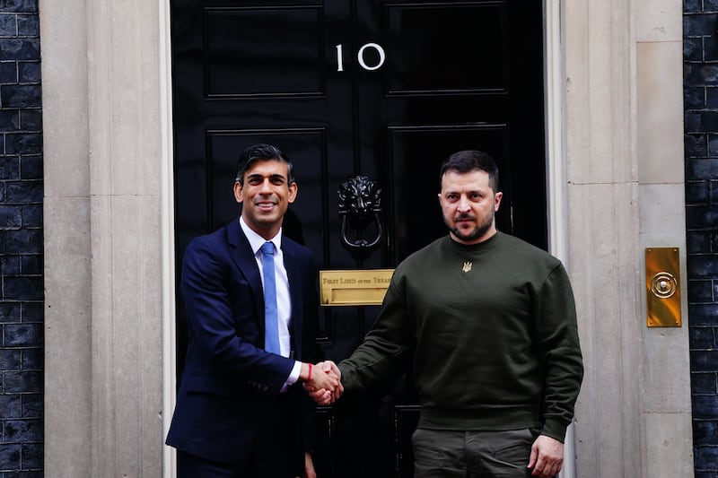 Mr Zelenskyy shakes hands with Mr Sunak outside 10 Downing Street. PA