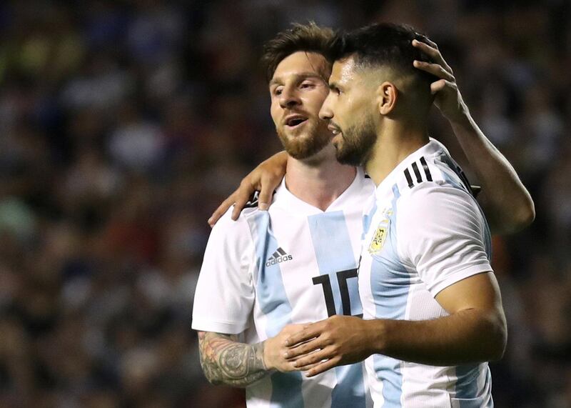 Argentina's Sergio Aguero celebrates scoring their fourth goal with Lionel Messi. Marcos Brindicci / Reuters