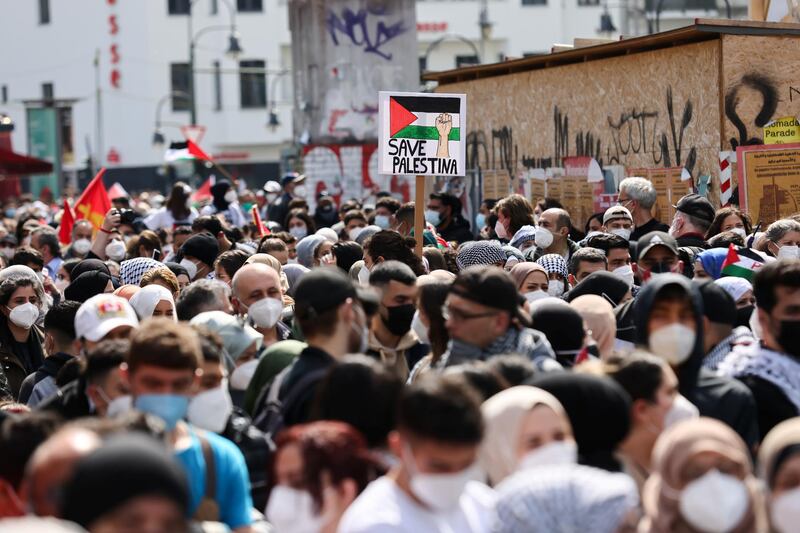 People attend a demonstration to mark the Nakba and in support of Palestinians in Berlin, Germany. Reuters