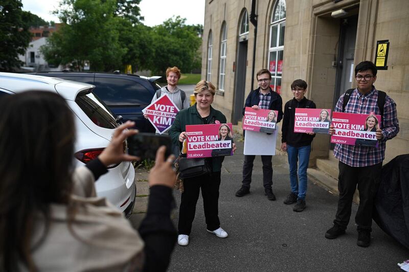 Labour MP Emily Thornberry prepares to canvass on behalf of candidate Kim Leadbeater, in Batley. AFP