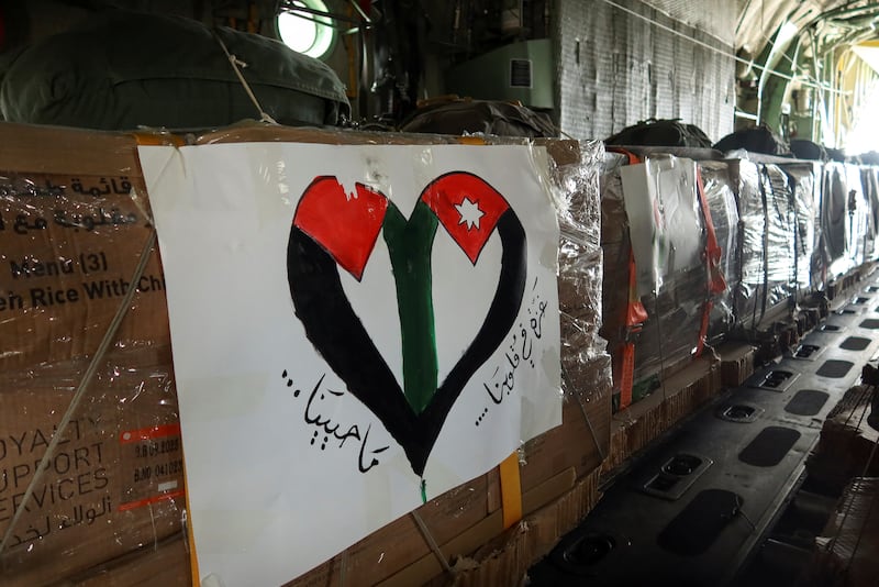 Aid parcels to be airdropped along the Gaza coast are loaded onto a plane, in co-operation with Egypt, Qatar, France and the UAE, in Zarqa, Jordan. Reuters