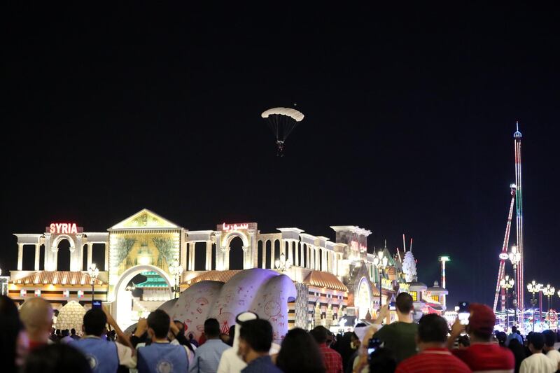 Global Village does the World record attempt of the highest fireworks. 20 skydivers landing in Global Village with fireworks on May 2nd, 2021. Chris Whiteoak / The National. 
Reporter: Katy Gillett for Lifestyle