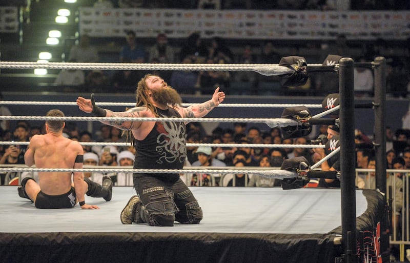 Abu Dhabi, United Arab Emirates - Finn Balor vs Bray Wyatt at the spectacular opening night of WWE, which takes place in Zayed Sports City Tennis Stadium on Thursday December 7, 2017. (Khushnum Bhandari/ The National)
