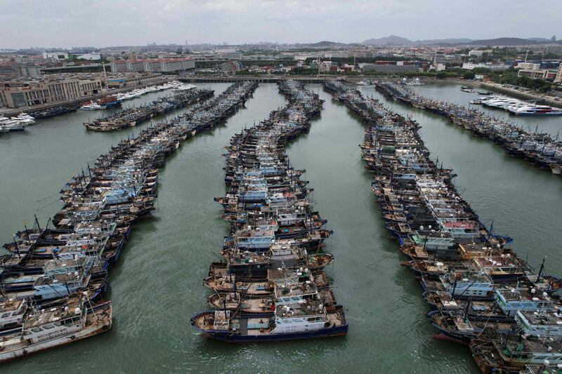 Fishing boats moored at a port in Xiamen city, China's Fujian province, where Typhoon Doksuri is expected to land. AFP
