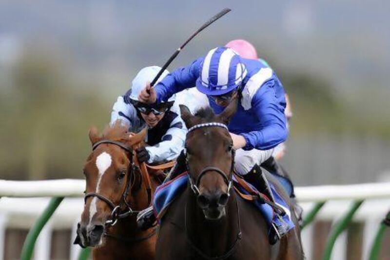 Tadhg O'Shea, right, here aboard Afnoon, will be riding Ernst Oertel's Shayel Albhabi on the dirt at Sharjah on Saturday, and the jockey says it will all come down to how the filly takes to the change of surface.