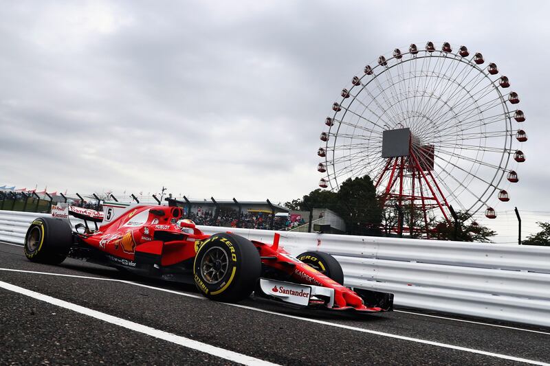 SUZUKA, JAPAN - OCTOBER 06: Sebastian Vettel of Germany driving the (5) Scuderia Ferrari SF70H on track during practice for the Formula One Grand Prix of Japan at Suzuka Circuit on October 6, 2017 in Suzuka.  (Photo by Lars Baron/Getty Images)