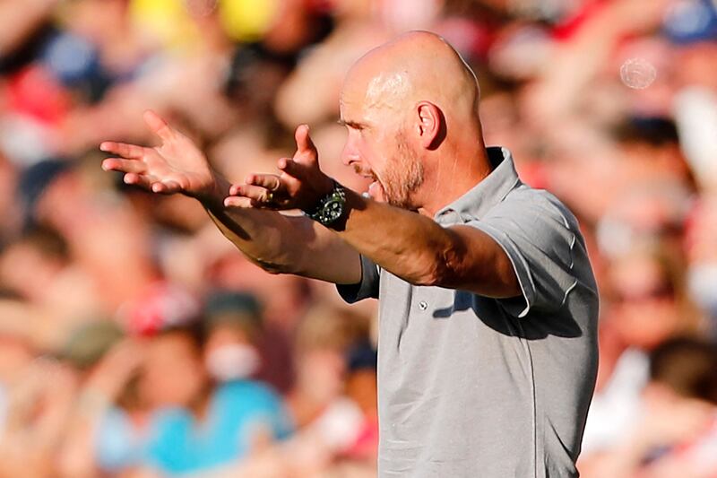 Manager Erik ten Hag gestures on the touchline as the misery unfolds. AFP