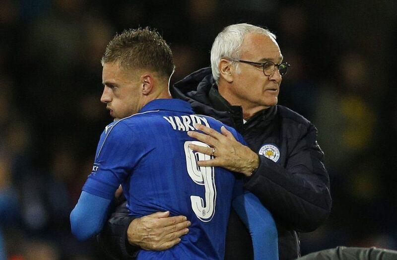 Leicester City manager Claudio Ranieri embraces Jamie Vardy as he is substituted on Tuesday night. Andrew Boyers / Action Images / Reuters