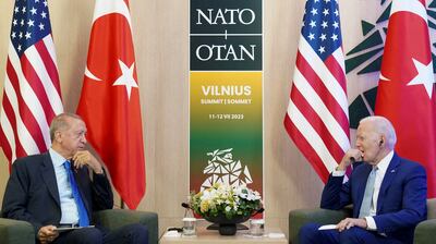 US President Joe Biden meets with Turkish President Tayyip Erdogan at the Nato summit in Vilnius in July. Reuters