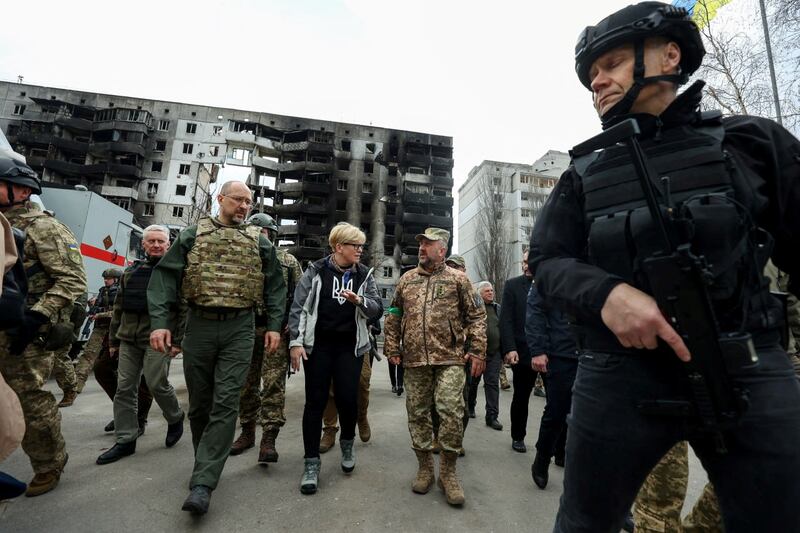 Lithuanian Prime Minister Ingrida Simonyte and Ukrainian counterpart Denys Shmyhal visiting Borodianka on April 11. Reuters
