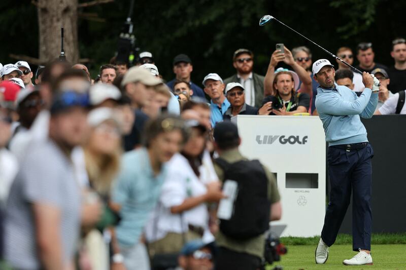 South Africa's Charl Schwartzel watches his iron shot from the third tee on the third and final day of the LIV Golf Invitational Series event in St Albans, north of London, last June. AFP