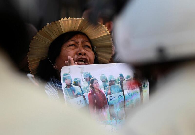 A protester shouts for the release of land activist Tep Vanny during a demonstration in front of the Municipal Court of Phnom Penh, Cambodia. Samrang Pring / Reuters