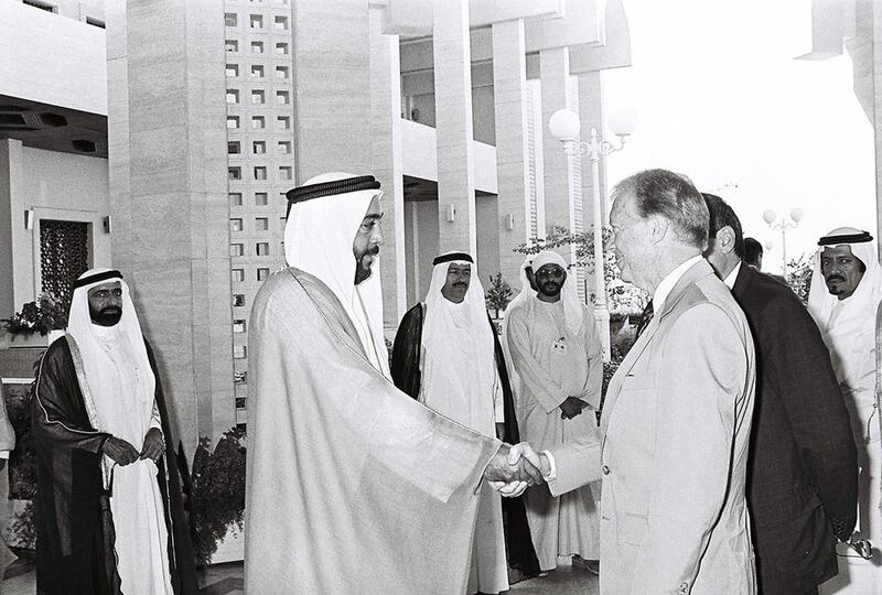 US president Jimmy Carter and Sheikh Khalifa in 1986. Al Ittihad