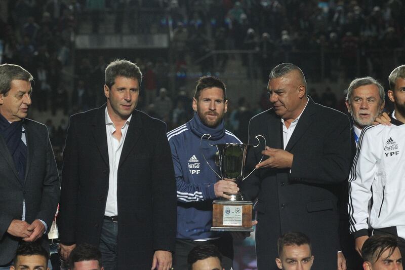 Argentina's Lionel Messi, left, in action against Nicaragua in San Juan, Argentina, on Friday. Marcelo Ruiz / EPA