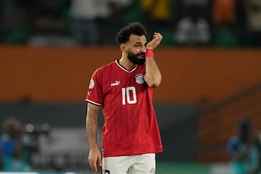 Egypt's Mohamed Salah reacts after Mozambique scored their second goal during the African Cup of Nations Group B soccer match between Egypt and Mozambique in Abidjan, Ivory Coast, Sunday, Jan.  14, 2024.  (AP Photo / Themba Hadebe)