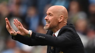 Manchester United's Dutch manager Erik ten Hag gestures on the touchline during the English FA Cup semi-final football match between Coventry City and Manchester United at Wembley Stadium in north west London on April 21, 2024.  (Photo by Glyn KIRK  /  AFP)  /  NOT FOR MARKETING OR ADVERTISING USE  /  RESTRICTED TO EDITORIAL USE