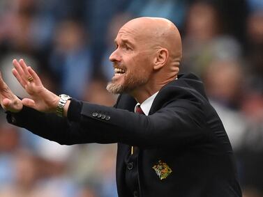 Manchester United's Dutch manager Erik ten Hag gestures on the touchline during the English FA Cup semi-final football match between Coventry City and Manchester United at Wembley Stadium in north west London on April 21, 2024.  (Photo by Glyn KIRK  /  AFP)  /  NOT FOR MARKETING OR ADVERTISING USE  /  RESTRICTED TO EDITORIAL USE