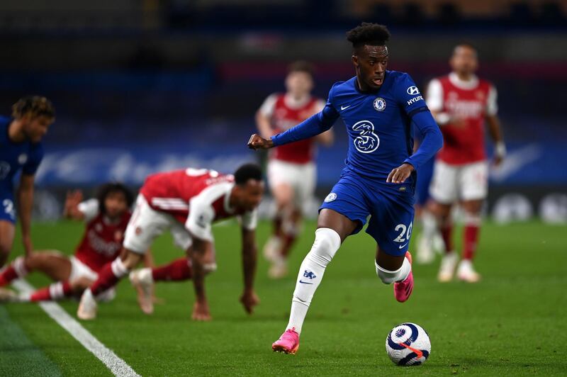 LONDON, ENGLAND - MAY 12: Callum Hudson-Odoi of Chelsea runs with the ball during the Premier League match between Chelsea and Arsenal at Stamford Bridge on May 12, 2021 in London, England. Sporting stadiums around the UK remain under strict restrictions due to the Coronavirus Pandemic as Government social distancing laws prohibit fans inside venues resulting in games being played behind closed doors. (Photo by Darren Walsh/Chelsea FC via Getty Images)