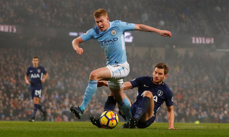 Right midfield: Kevin de Bruyne (Manchester City) – Another outstanding display. His emphatic goal against Tottenham was a superb riposte to a reprehensible challenge from Dele Alli. Phil Noble / Reuters