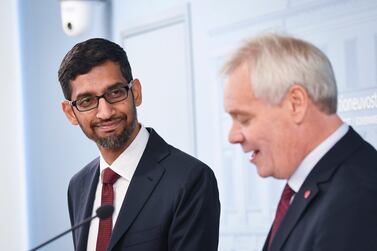 Google's chief executive Sundar Pichai (L) while addressing media with Finnish Prime minister Antti Rinne in Helsinki on Friday. EPA