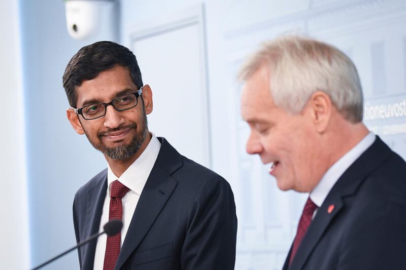 epa07855349 Sundar Pichai (L) CEO of Google attends the press conference with Finnish Prime minister Antti Rinne in Helsinki, Finland, 20 Septemper 2019. Google will invest in Finland Hamina data center about 600 million euros.  EPA/KIMMO BRANDT