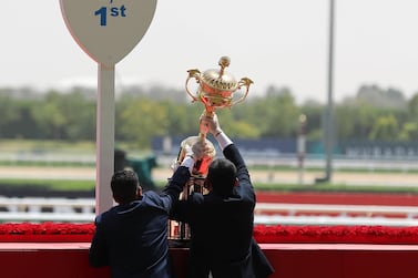 Dubai, United Arab Emirates - Reporter: Amith Passella. Sport. Racing. The Dubai World Cup trophy is brought out at Meydan Racecourse. Saturday, March 27th, 2021. Dubai. Chris Whiteoak / The National
