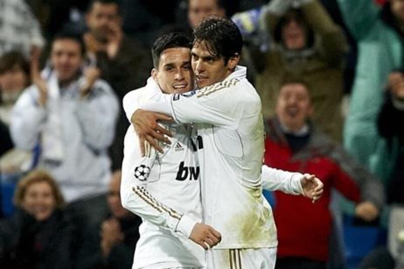 MADRID, SPAIN - APRIL 04:  Jose Callejon (L) of Real Madrid celebrates scoring with his teammate Kaka during the UEFA Champions League quarter-final second leg match between Real Madrid and APOEL FC at Bernabeu on April 4, 2012 in Madrid, Spain.  (Photo by Manuel Queimadelos Alonso/Getty Images) *** Local Caption ***  142417209.jpg
