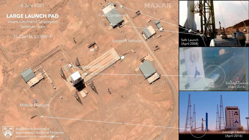 Imam Khomeini Spaceport in Semnan, Iran, on June 6, 2021. Objects believed to be a mobile platform, two support vehicles and fuel containers can be seen in this satellite image, provided by Maxar Technologies and annotated by experts at the James Martin Centre for Nonproliferation Studies. AP