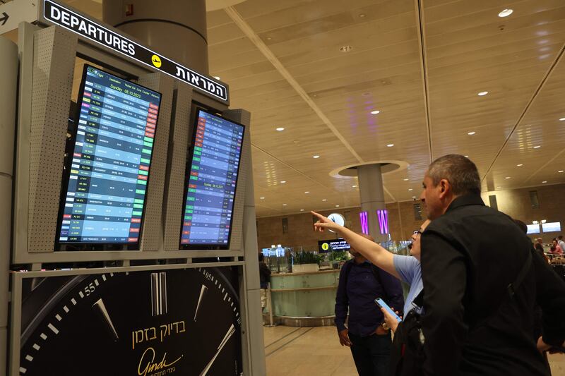 The departure board at Ben Gurion Airport near Tel Aviv displays a host of cancelled flights.  AFP