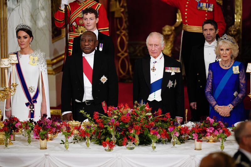 Catherine, Princess of Wales, Cyril Ramaphosa, King Charles and Camilla, Queen Consort during the State Banquet at Buckingham Palace. Getty