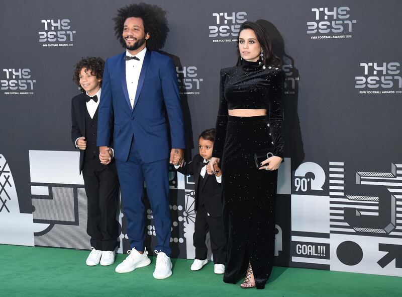 Brazil and Real Madrid defender Marcelo, his wife Clarisse, and their sons Liam and Enzo arrive for the Best FIFA Football Awards 2018 in London. EPA