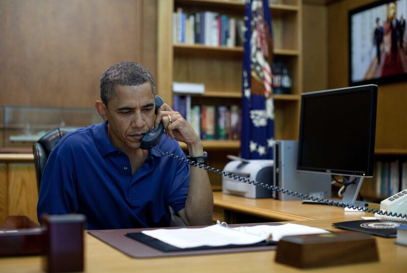 U.S. President Barack Obama holds a conference call from Camp David, Maryland, in this August 6, 2011 photo release. A NATO helicopter crashed during a battle with the Taliban in Afghanistan, killing 31 U.S. soldiers and seven Afghans, the Afghan president said on Saturday, the deadliest single incident for foreign troops in 10 years of war. According to the White House, Obama held a briefing on the tragedy in Afghanistan with Defense Secretary Leon Panetta, Admiral Mike Mullen, Chairman of the Joint Chiefs of Staff, National Security Advisor Tom Donilon and Chief of Staff Bill Daley.       REUTERS/Pete Souza/The White House/Handout   (UNITED STATES - Tags: MILITARY POLITICS IMAGES OF THE DAY) FOR EDITORIAL USE ONLY. NOT FOR SALE FOR MARKETING OR ADVERTISING CAMPAIGNS. THIS IMAGE HAS BEEN SUPPLIED BY A THIRD PARTY. IT IS DISTRIBUTED, EXACTLY AS RECEIVED BY REUTERS, AS A SERVICE TO CLIENTS *** Local Caption ***  WAS91_AFGHANISTAN-V_0806_11.JPG